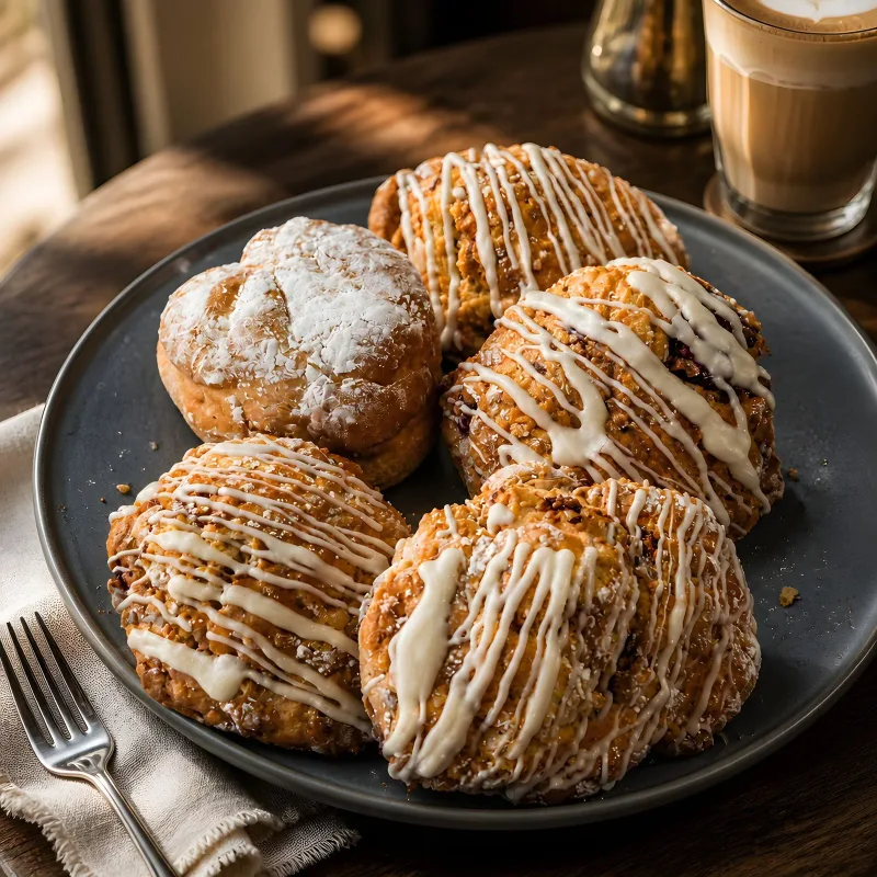 A selection of iced bakes with a coffee