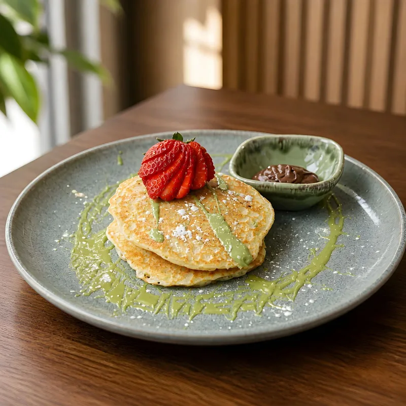 Pancakes with strawberries and accompanying sauces on a ceramic plate